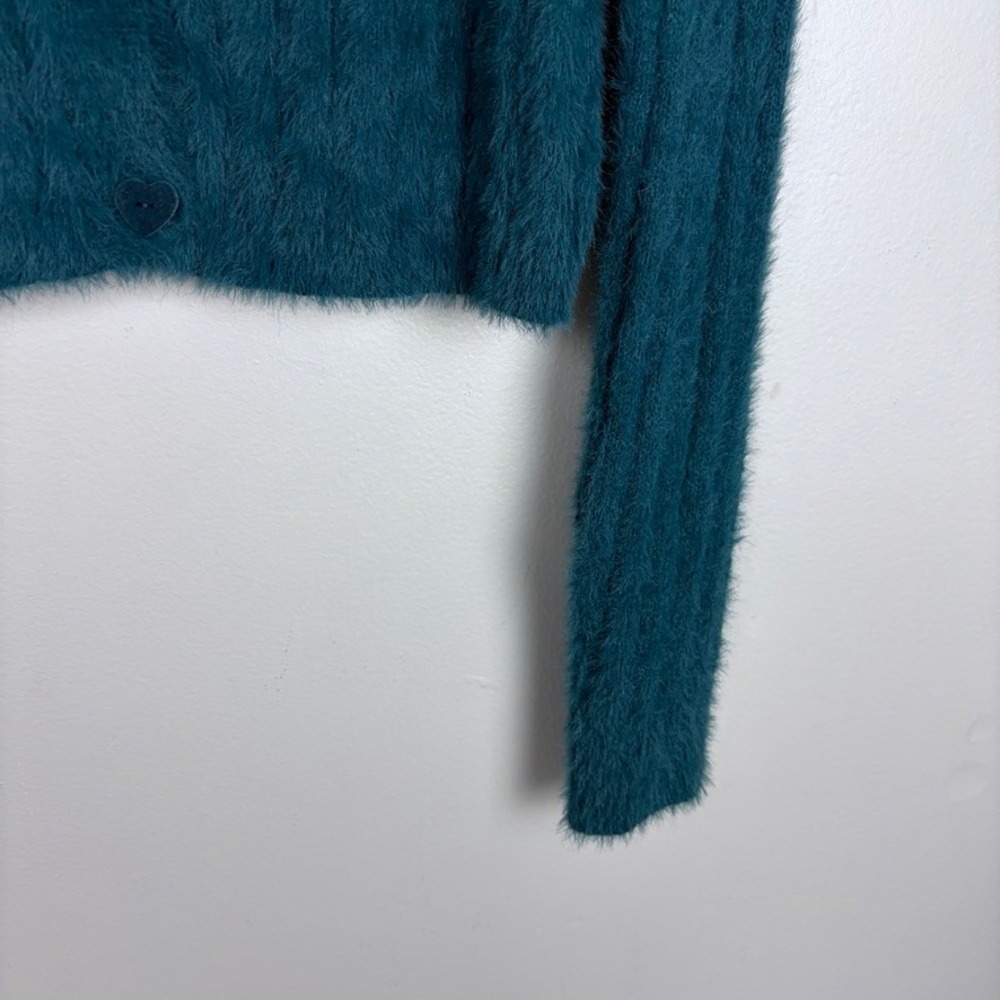 Le Lis Button Down Eyelash Cardigan Teal Green Heart Buttons Coquette Medium - Picture 6 of 7